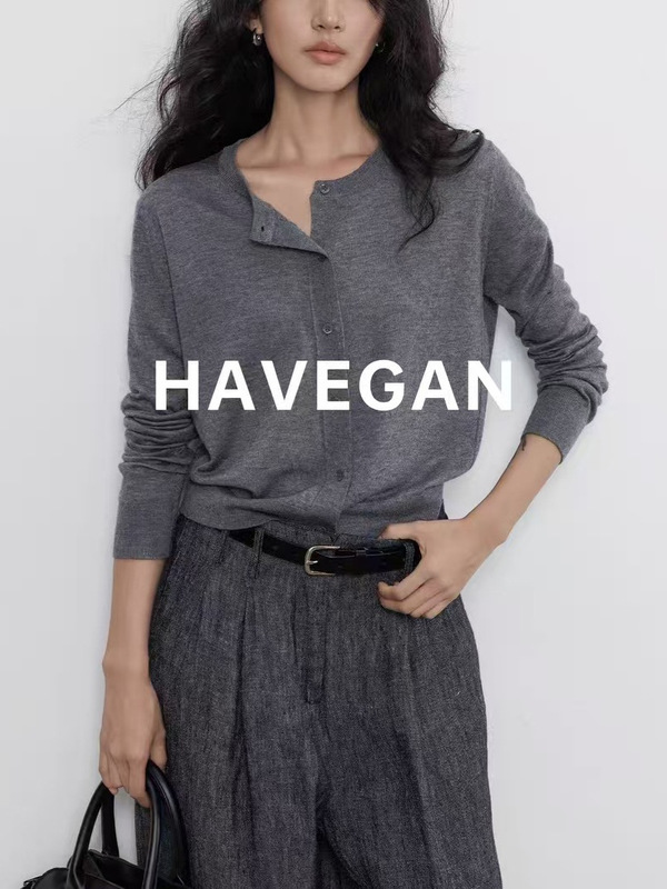 与间HAVEGAN/秋季圆领长袖针织开衫女薄款外穿宽松慵懒老钱风上衣|undefined