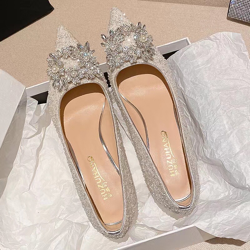 2023new silver high heels women's stiletto heel pointed bridal shoes wedding shoes pearl strap plus size women's shoes single-layer shoes