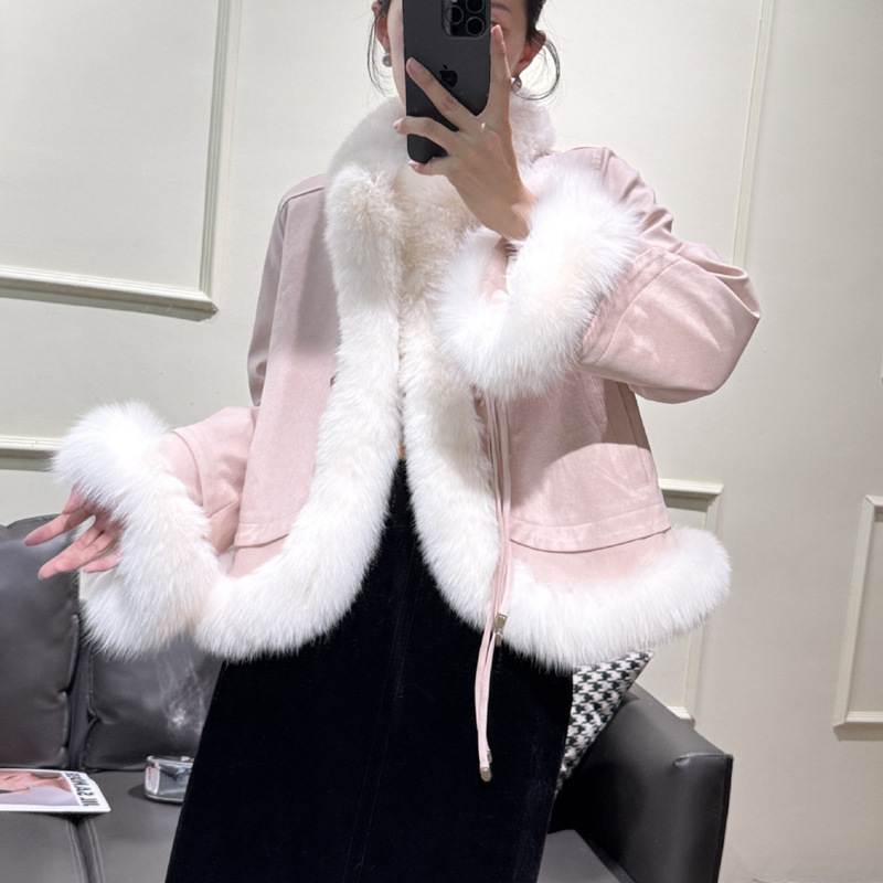 Retro New Style Fox Fur Suede Jacket Slim and Warm Goose down Jacket Haining Fur Real Fur Coat