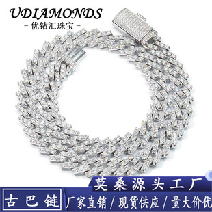 European and American Hip Hop Men's 925 Sterling Silver 13mm Single Row Mosan Diamond Cuban Chain Necklace Men's Necklace Fashionable Full Diamond
