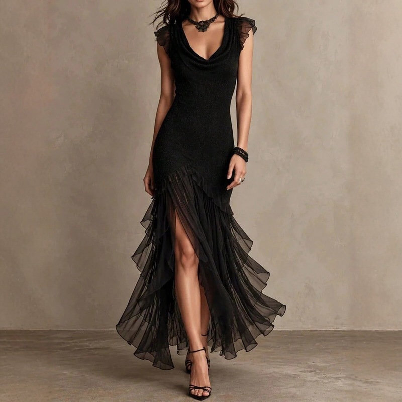 Amazon European and American cross-border independent site: Asymmetrical fishtail pleated mesh ruffle flowy dress in stock