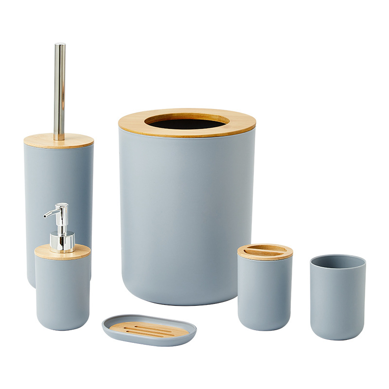 Fabricante de monjes con bote de basura redondo cepillo de dientes taza caja de jabón almacenamiento de baño set de seis piezas