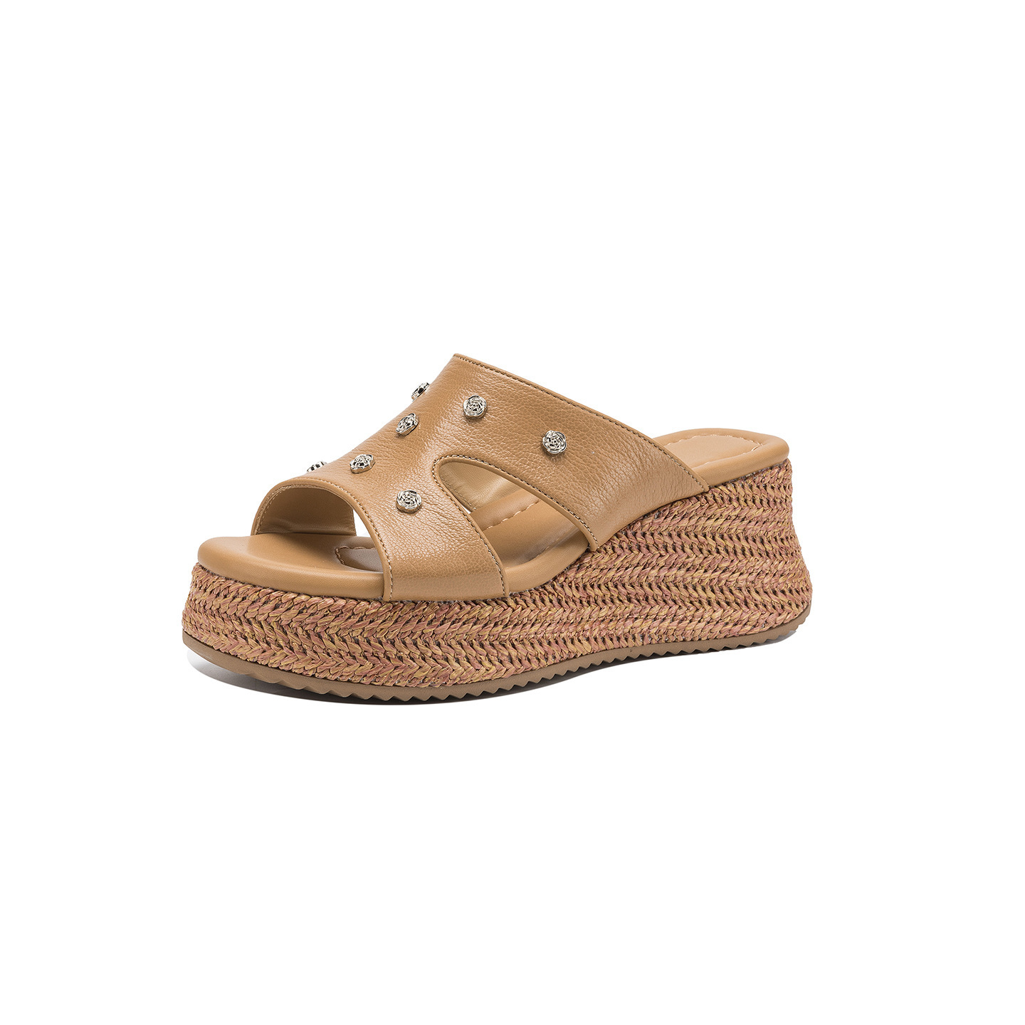 Dép sandal nữ đế dày da cừu họa tiết hoa — Trà sữa màu chi tiết 25