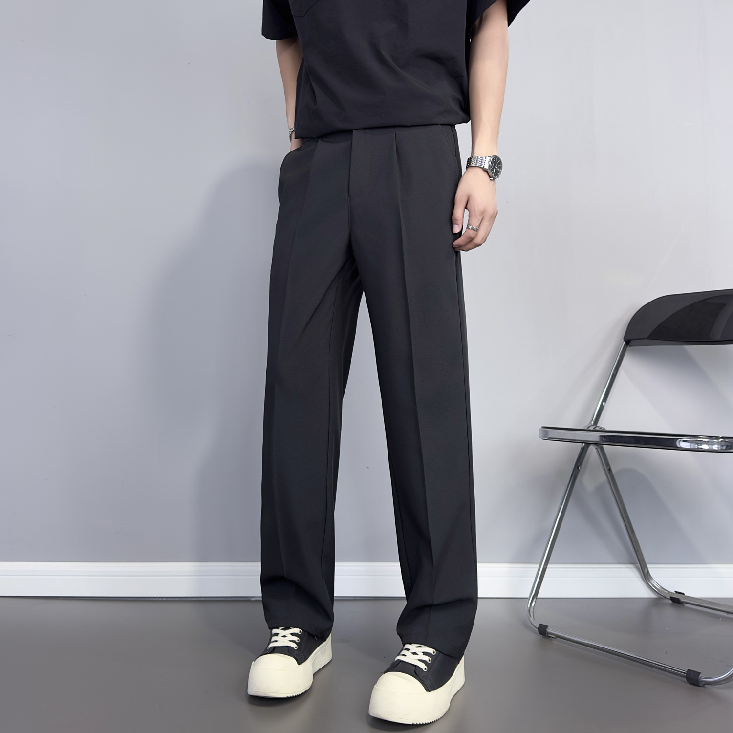 Autumn Men's Loose Casual Trousers, Drapey Floor-Length Trousers, Korean Style Trendy Men's Black Straight Suit Trousers