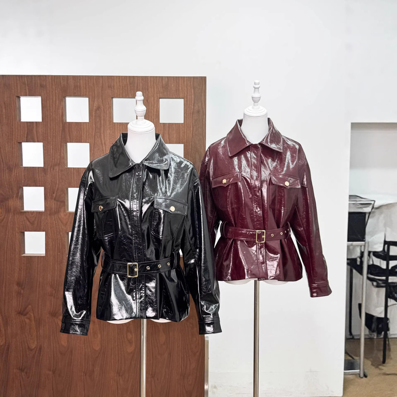 26 New Style High-End Versatile Shiny Lapel Short Waist-Cinching Leather Jacket with Belt for Women 26 New Style High-End Versatile Shiny Lapel Short Waist-Cinching Leather Jacket with Belt for Women