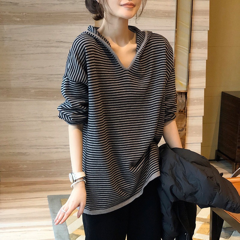 韩系连帽条纹针织卫衣女宽松套头时尚秋冬外穿新款慵懒风毛衣上衣|undefined