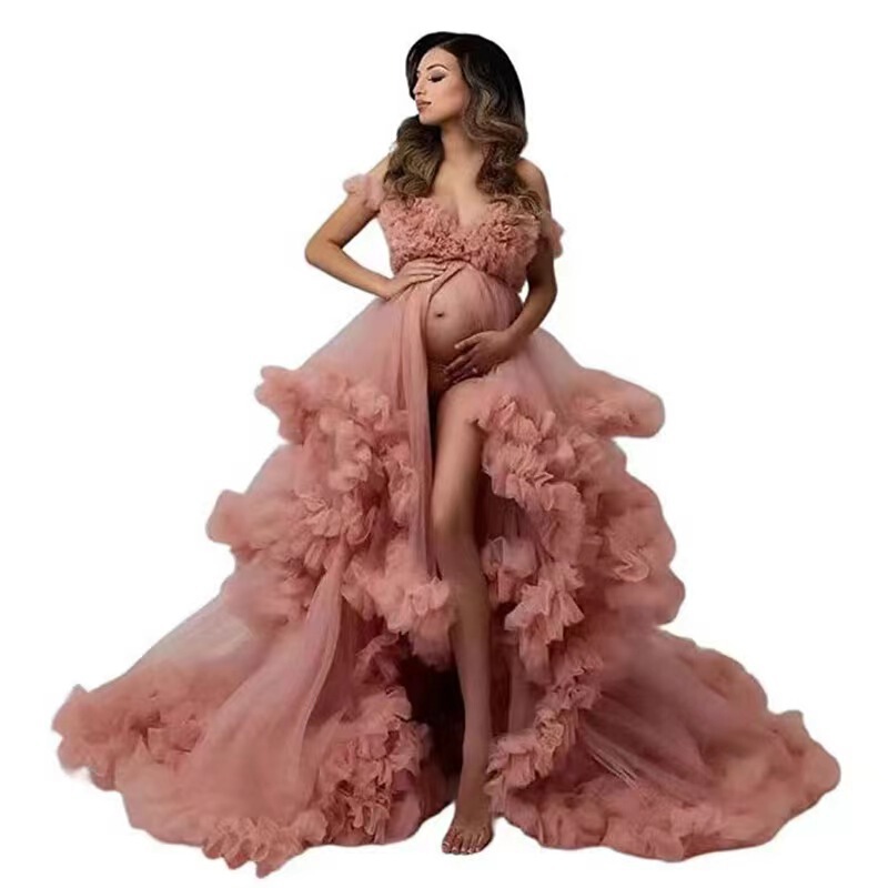 Pregnant mother photography high waist art photography dress shoulder front slit sexy fluffy fashion gauze skirt women's hot sale