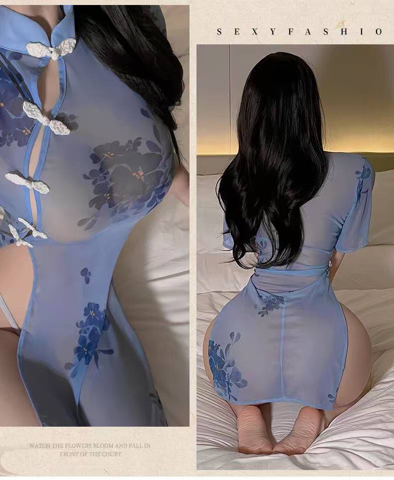 Ink Jiangnan Cheongsam Costume Set, See-Through High-Waist Slit One-Piece with Panties, Polyester — detail image 11