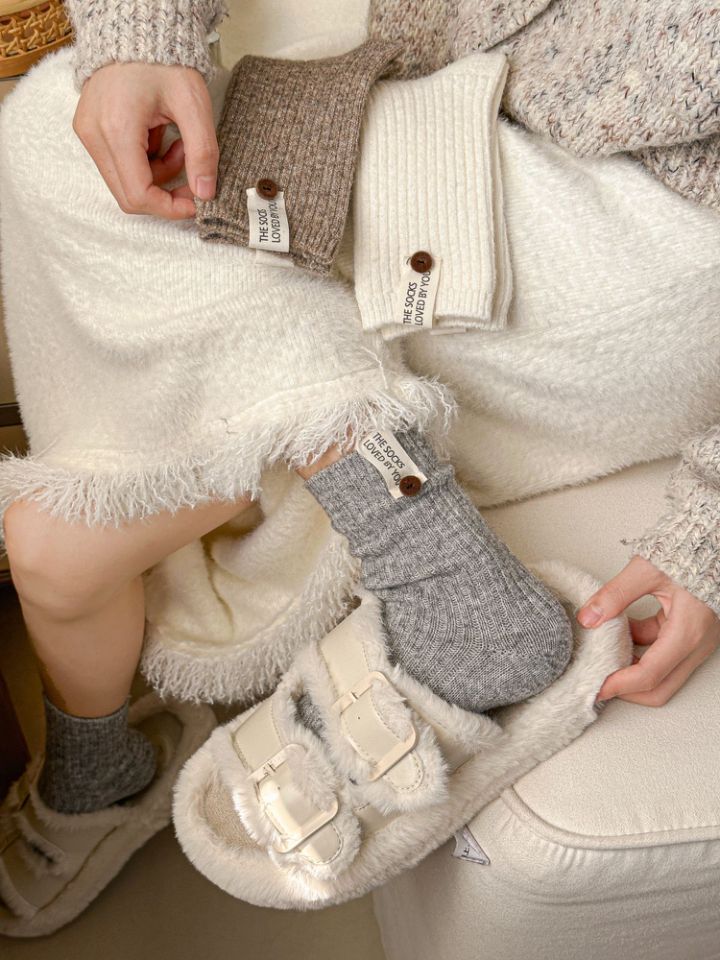 5shuang Button Wool Stockings Children's Medium Tube Socks Solid Color Thickened Warm Versatile Japanese Stacking Socks_voghion.com