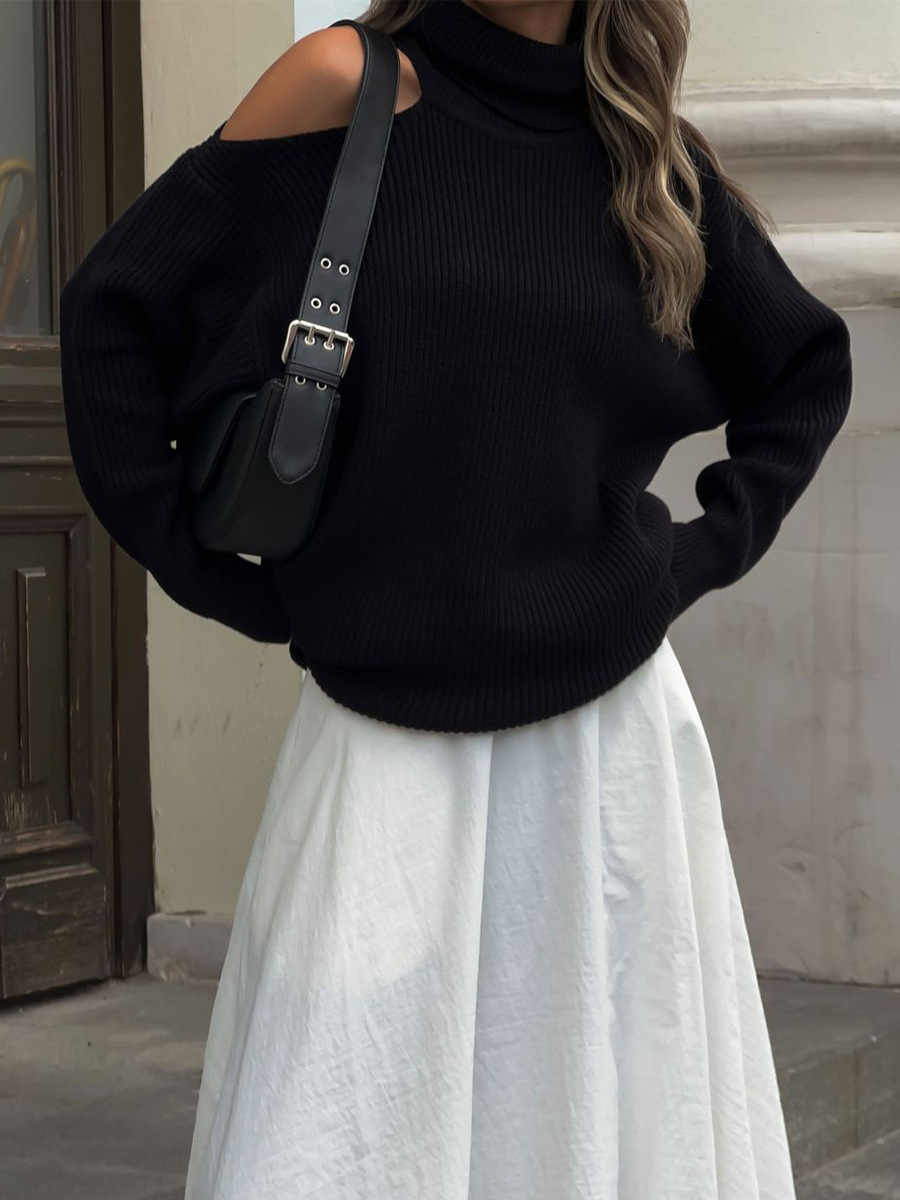 Transfronterizos de cuello alto suéter de hombro abierto para mujeres Europa y los Estados Unidos otoño y invierno Inwind de moda hoodie suéter suelto para mujeres
