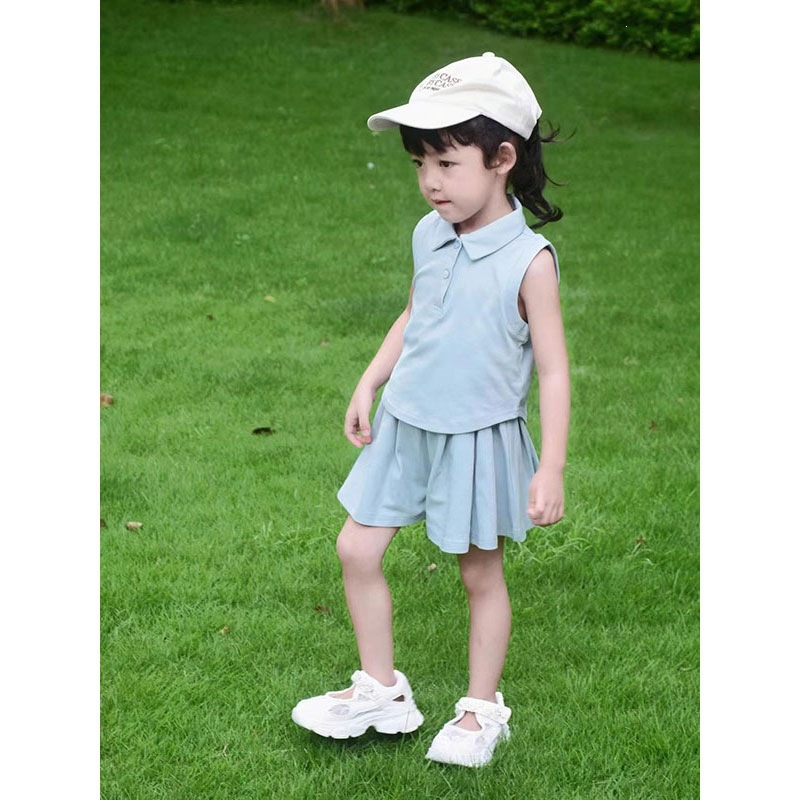 [Pique Cotton] Girls' Polo Shirt Two-Piece Set: Sleeveless Pleated Skirt and Pants (65% Cotton, 35% Polyester)