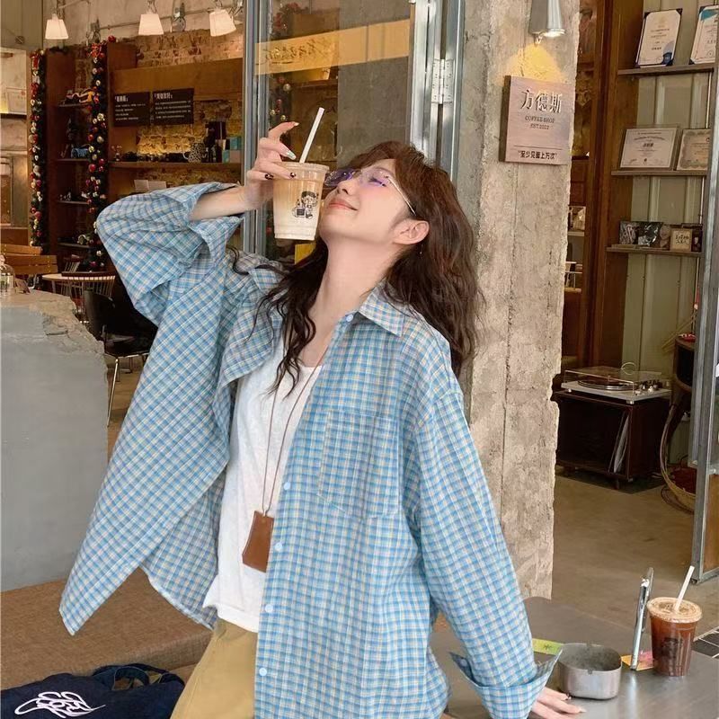 Hong Kong Style Retro Blue Plaid Long-Sleeve Shirt for Women, New Spring and Autumn Harajuku Color-Blocking Versatile Slim-Fit Outerwear Shirt Hong Kong Style Retro Blue Plaid Long-Sleeve Shirt for Women, New Spring and Autumn Harajuku Color-Blocking Versatile Slim-Fit Outerwear Shirt