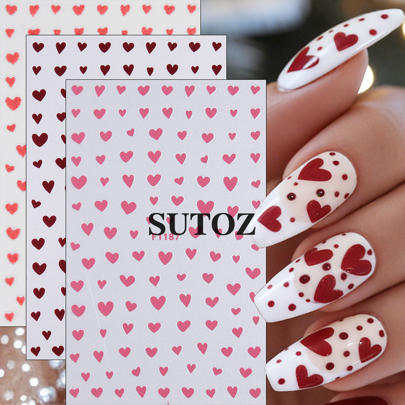 Cross-Border Valentine's Day New Nail Art Stickers, Popular European and American Style Glitter Pink Heart-Shaped Nail Decorations with Adhesive Backing