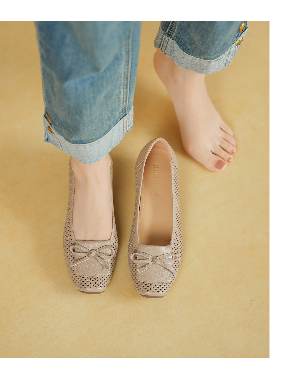 Giày cao gót nữ da cừu mũi nhọn gót vuông ổn định 3.5cm nơ bướm — màu trắng ngà chi tiết 5