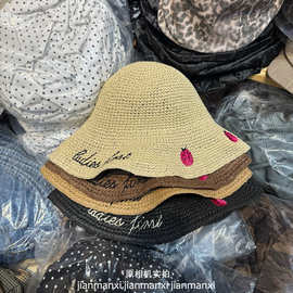 韩版度假风可爱樱桃草编渔夫帽女防晒帽夏季海边沙滩遮阳草帽大檐