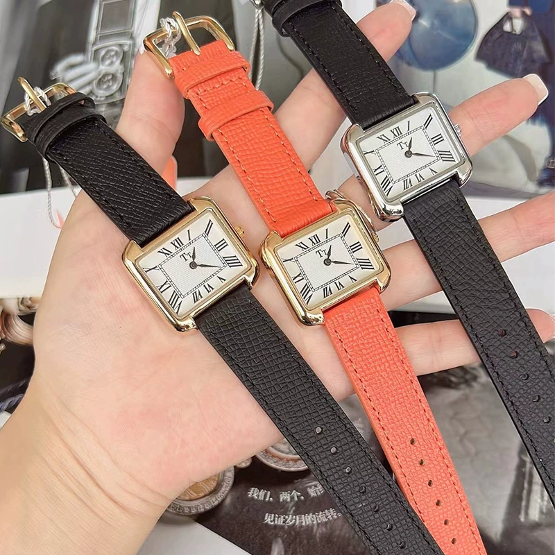 Retro square small square watch, belt, simple and elegant design, genuine leather