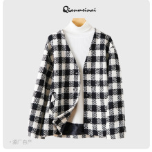 新品气质优雅黑白格纹毛呢外套女V领宽松款2025秋冬外套精品女装