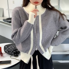 韩系撞色高领双拉链毛衣女外套2025秋冬新款设计感小众针织开衫女
