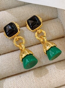 Temperament Style!Medieval Vintage Green Gemstone Pendant Earrings For Women,Retro Heavy Industry Plated18k High-end Earrings