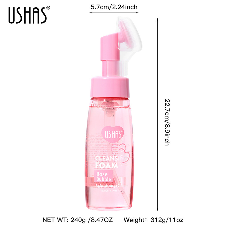 USHAS punto transfronterizo venta caliente rosa espuma limpiadora limpiador facial mousse limpieza profunda con cabezal de cepillo
