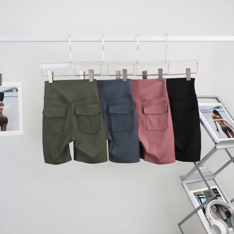 lulu American Style Fitness Shorts Pocket Workwear Women's Tight High Waist Four-point Peach Hip Elastic Sports Yoga Pants