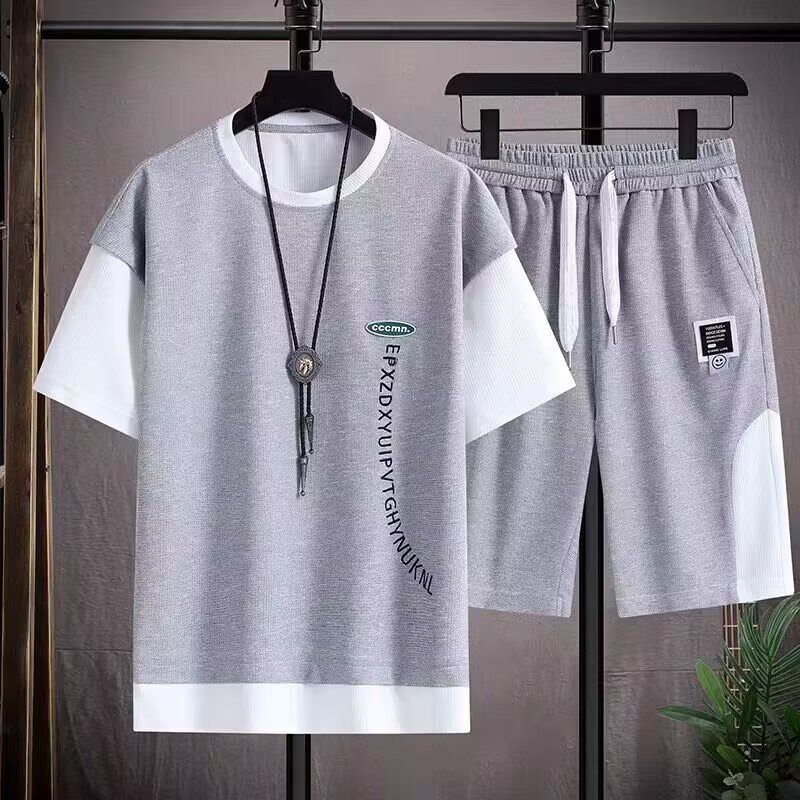 Men's Sporty Casual Set Short Sleeve Tee & Printed Shorts Outfit, Lightweight Polyester Comfort For Gym And Street Style_viptrois.com
