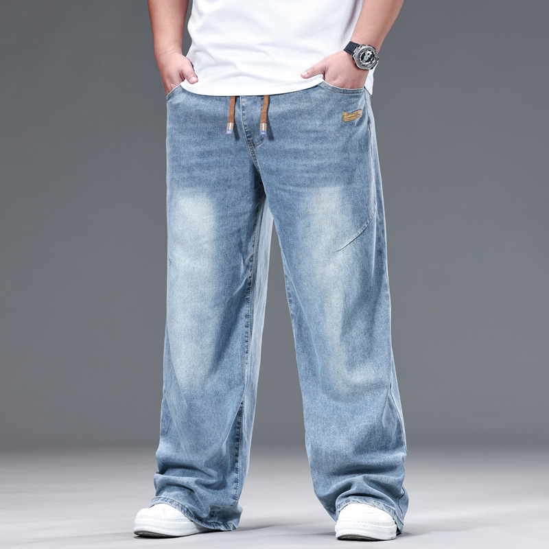 Cross-border exclusive new men's denim trousers, extra wide and large, straight cut, new casual men's drawstring pants for big and tall men, simple design