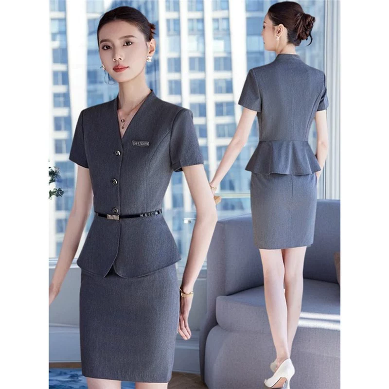 Оптовая цена бесплатная доставка Серый с короткими рукавами профессиональный костюм костюм женский отель
