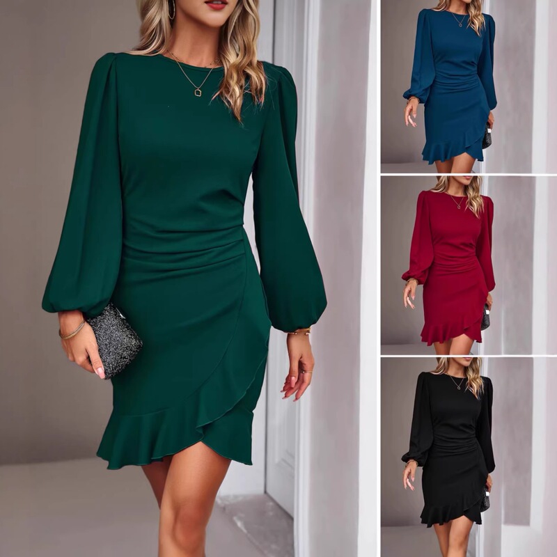 2026 Spring/Summer New European and American Cross-Border Foreign Trade Women's Clothing Amazon Puff Sleeve Solid Color Bodycon Dress 2026 Spring/Summer New European and American Cross-Border Foreign Trade Women's Clothing Amazon Puff Sleeve Solid Color Bodycon Dress