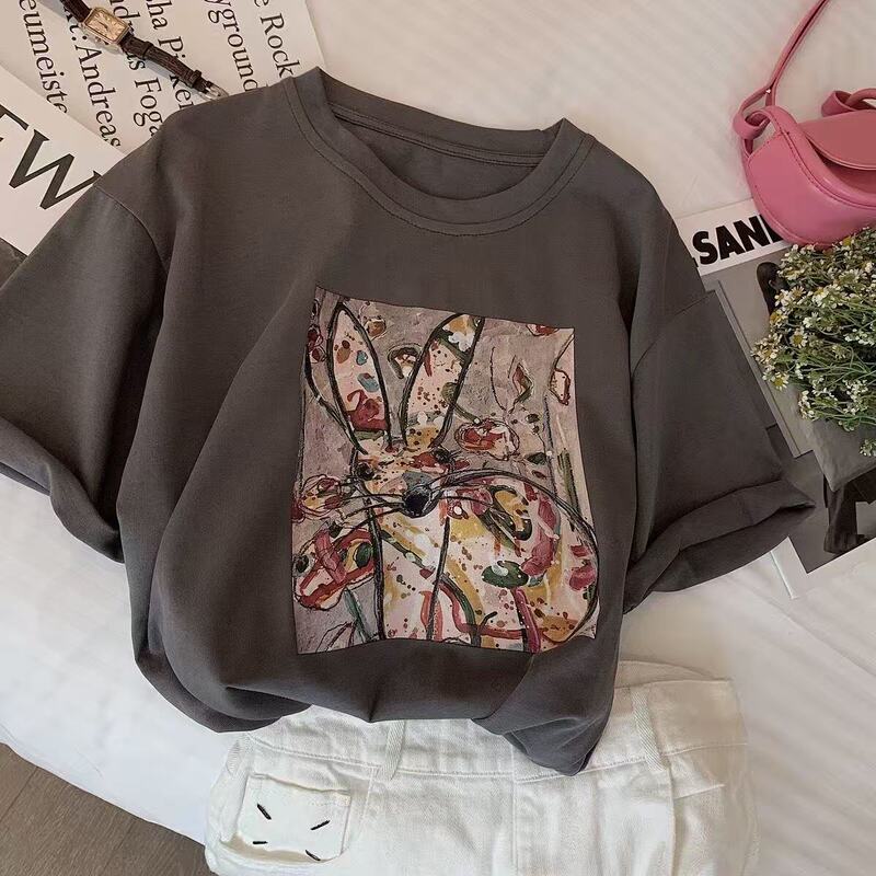 Milk Silk Oil Painting Print White Short-Sleeve T-Shirt for Women, New Summer Korean Style Loose Hong Kong Style Versatile Top Milk Silk Oil Painting Print White Short-Sleeve T-Shirt for Women, New Summer Korean Style Loose Hong Kong Style Versatile Top
