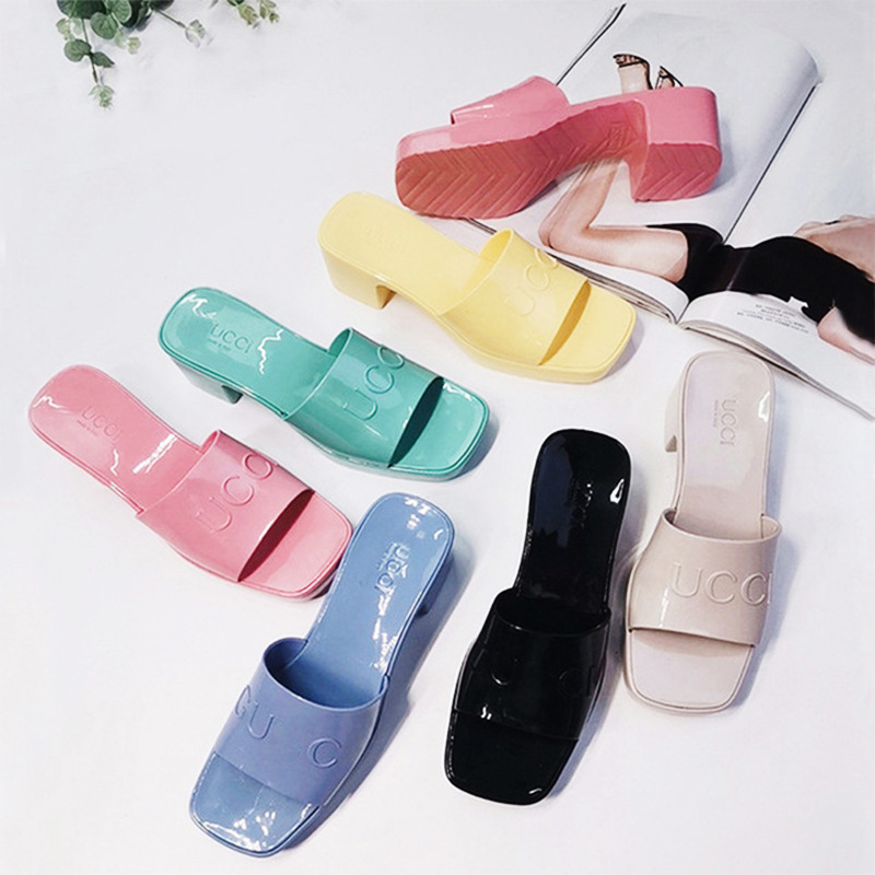 Cross-border 2021 new G home slippers square head with jelly slippers window thick with one-character furniture
