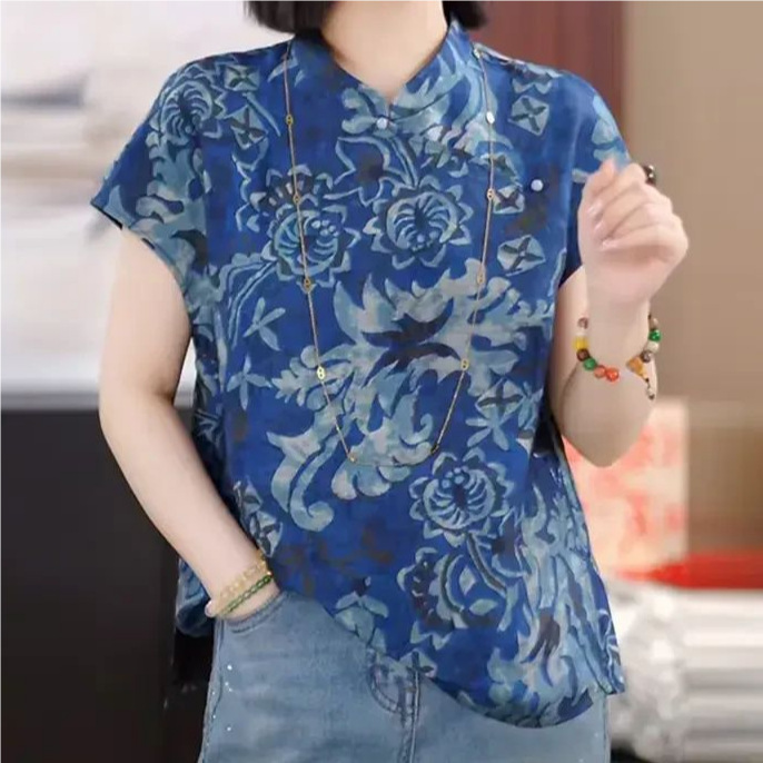新しい中国風のシルクシャツ女性の半袖夏の新しいハイエンドスタンドカラーボタンダウンシャツ中国風の桑シルクトップ|undefined