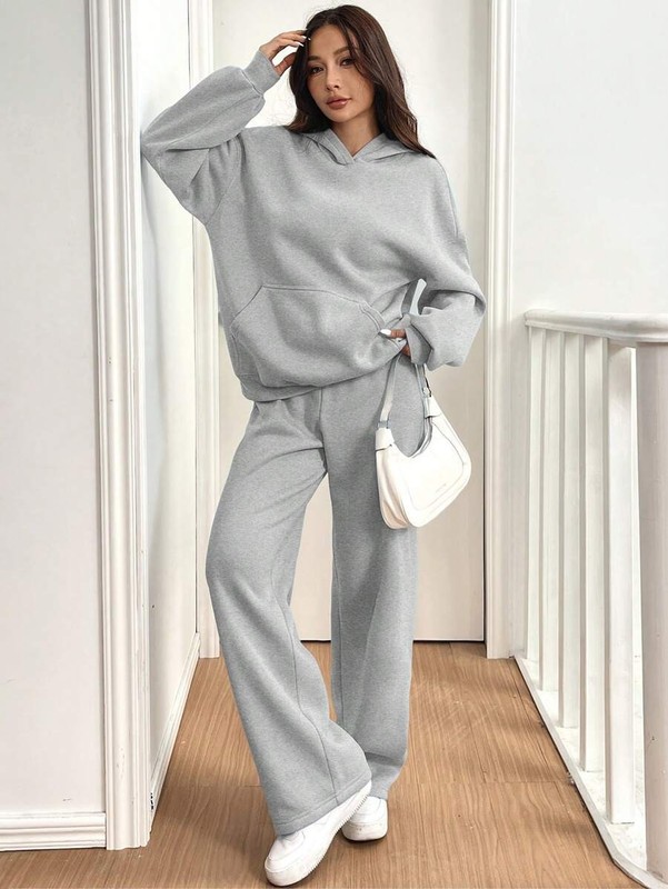 欧美亚马逊跨境2件套女士休闲保暖衬里连帽衫休闲裤秋冬运动套装|undefined