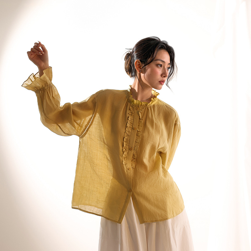 Spring and Summer Silk and Ramie Lace-Trimmed Collar and Cuffs, Elastic Ruffle Edge Women's Blouse Shirt Top 6318