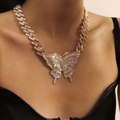 European and American jewelry Hip Hop necklace Full Rhinestone Cuban Buckle Chain Necklace Punk exaggerated diamond-studded butterfly necklace women