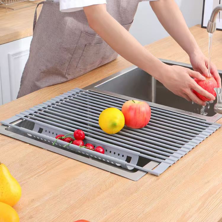Rack de fregadero de cocina con ranura lateral de silicona plegable drenaje rack para verduras y frutas platos palillos rack sin instalación