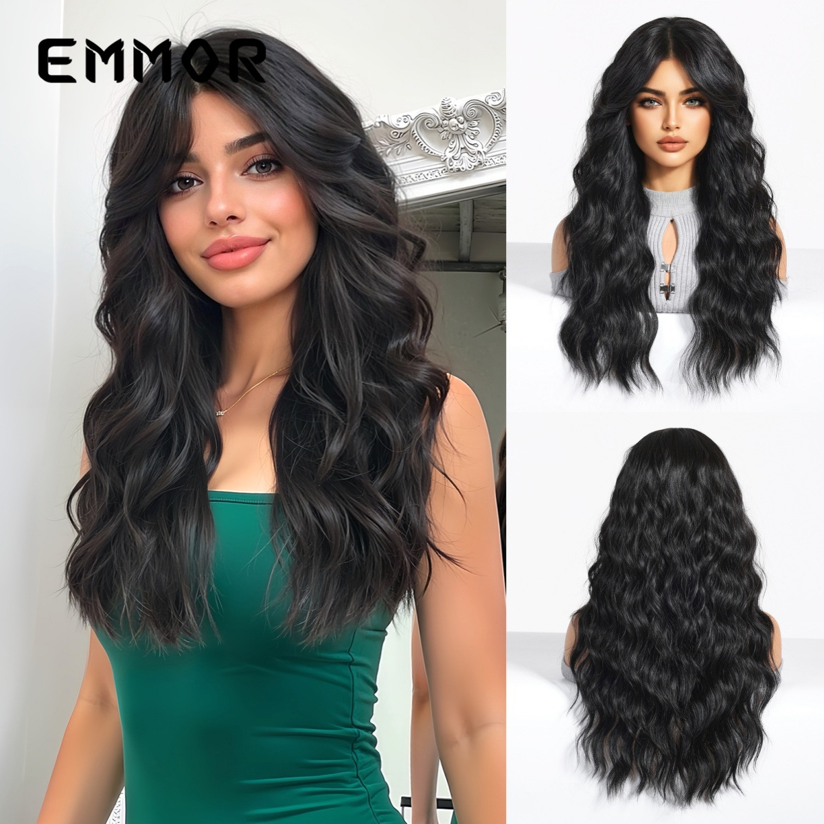 Autumn and winter new wool roll European and American cross-border eight-character bangs black long curly hair natural fashion wig full hair style