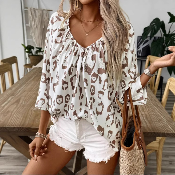 2025 European and American Cross-Border Spring/Summer Women's Fashion Elegant Workwear Top Khaki Leopard Print Deep V-Neck Ruched Three-Quarter Sleeve Shirt