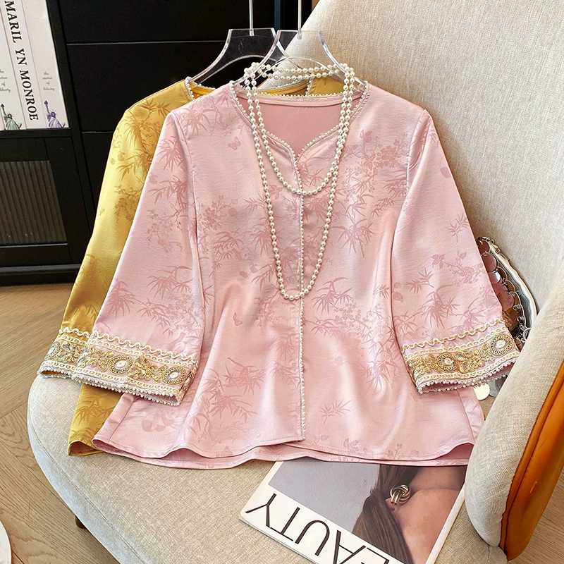 Настоящая фотография жаккардовой летней женской рубашки в китайском стиле с короткими рукавами и тяжелой вышивкой в ​​китайском стиле, женская свободная куртка с круглым вырезом, топ