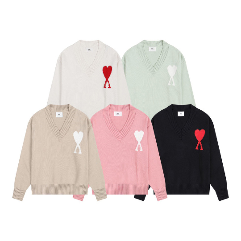Ami&Zovse Correct Version of Large Heart Embroidered V-Neck Knitwear for Men, Couple Style Base Layer Pullover Sweater for Men Ami&Zovse Correct Version of Large Heart Embroidered V-Neck Knitwear for Men, Couple Style Base Layer Pullover Sweater for Men
