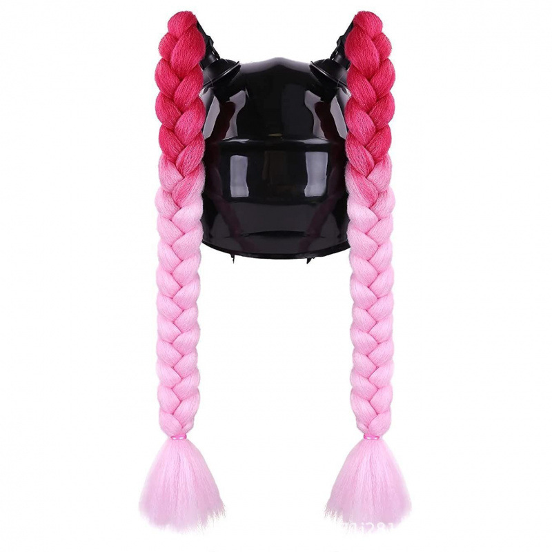 Casco de Motocicleta con Decoración de Peluca Colorida, Trenzas, Doble Cola de Caballo, Estilo Motero, con Ventosa, 60 cm