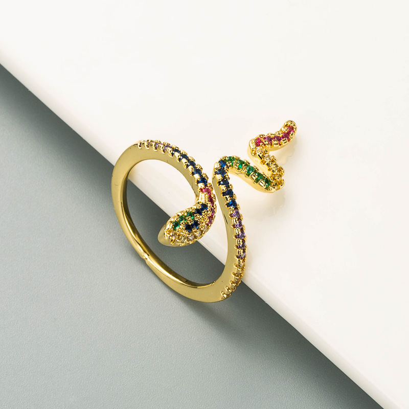 Retro Brass Micro-inlaid Color Zirconium Snake-shaped Ring display picture 3