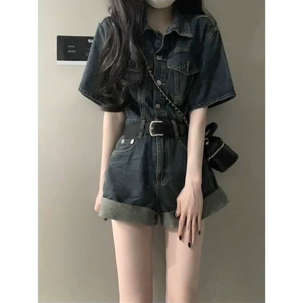 Женский свободный джинсовый комбинезон больших размеров в американском стиле ретро, ​​летние широкие шорты большого размера, сексуальные утягивающие талию.