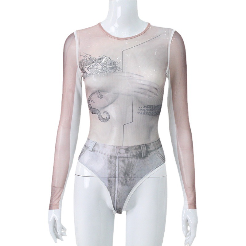 Venta caliente transfronteriza europea y americana ropa de mujer malla sexy perspectiva personalidad impresión tendencia de la moda delgada chica caliente mono mujer