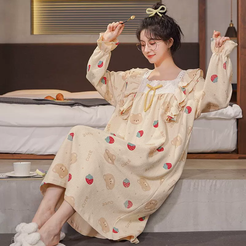 批发睡裙女春秋款棉质长袖2025年新款睡衣春夏季甜美裙家居服外贸