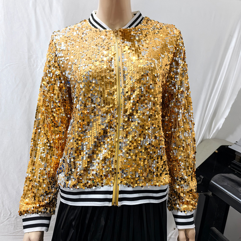 European and American Foreign Trade New Women's Top Amazon Fashion Golden Sequin Distinctive Short Zipper Jacket for Women