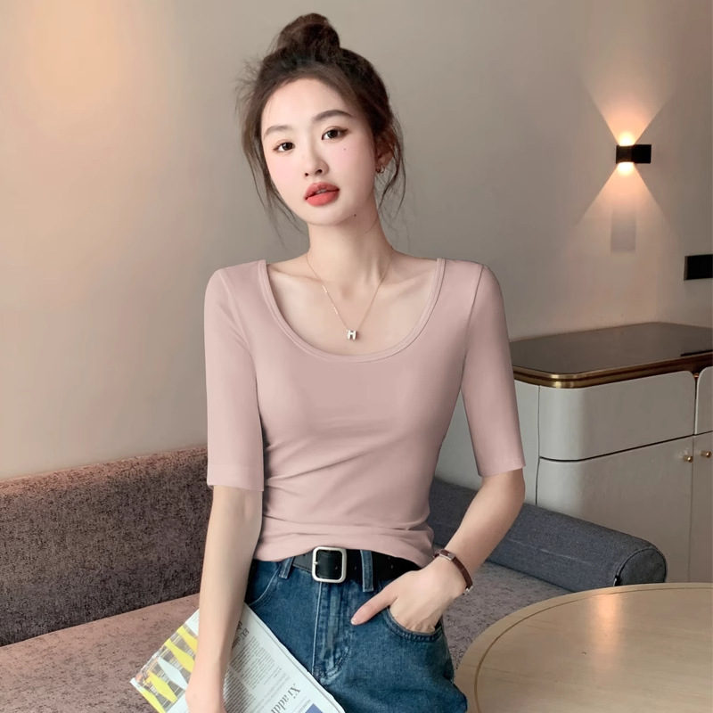 Black Modal Half-high Neck Mid-sleeve T-shirt Women's 2025 New Spring Summer Autumn Slim-fit Five-point Sleeve Round Neck Base Shirt