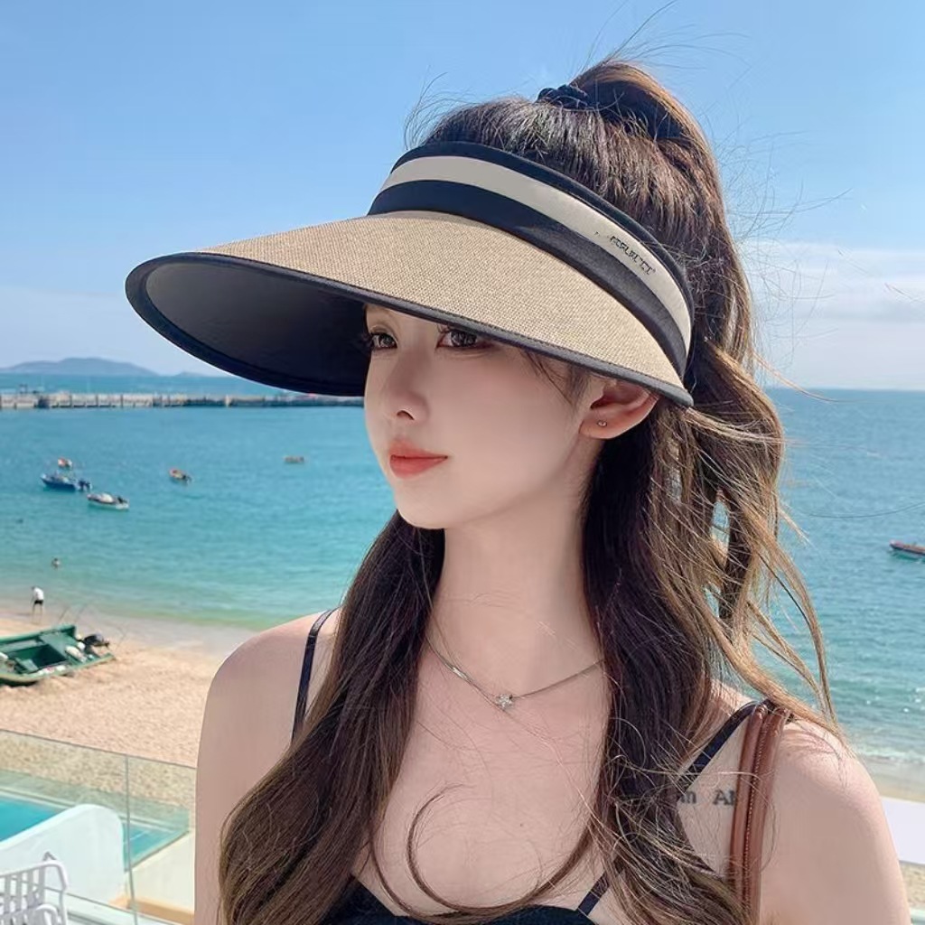 帽子女款夏季防紫外線遮陽大帽檐空頂帽可折疊戶外出遊草編太陽帽