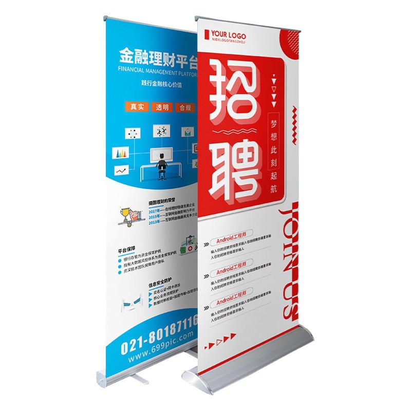 Suministro directo de fábrica de expositores enrollables de plástico, acero y aleación de aluminio para carteles publicitarios exteriores, venta al por mayor y personalizados de alta gama.