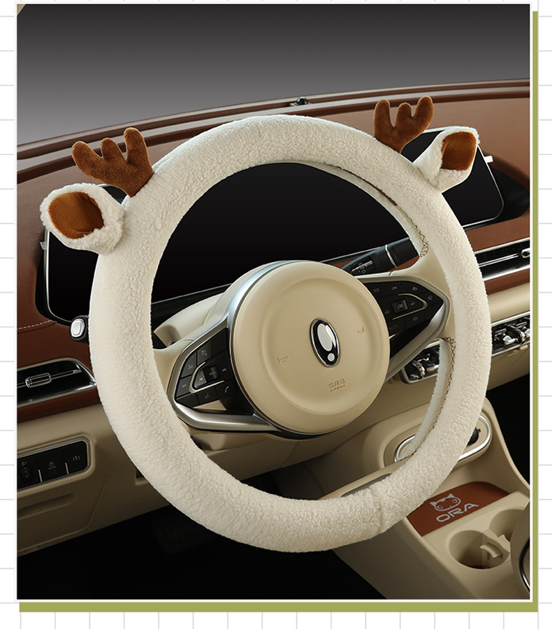 Plush steering wheel cover winter teddy velvet D-type cute cartoon car interior decoration girl protective cover warm handle cover